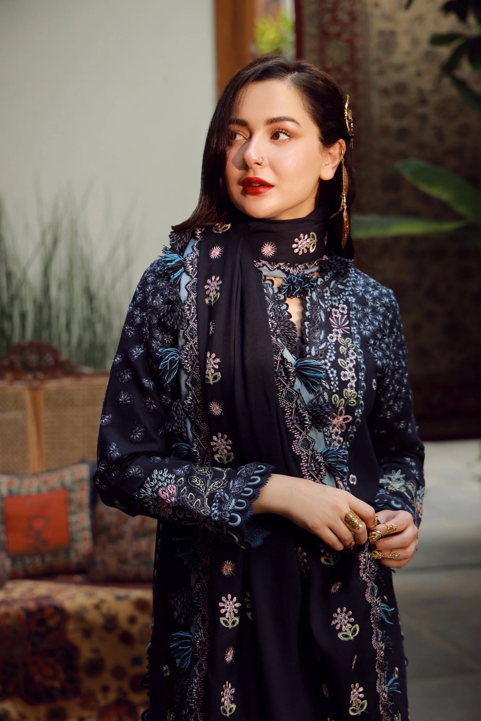QALAMQAR-3PC DHANAK EMBROIDERED SHIRT WITH DHANAK EMBROIDERED SHAWL AND TROUSER-BIC-5041