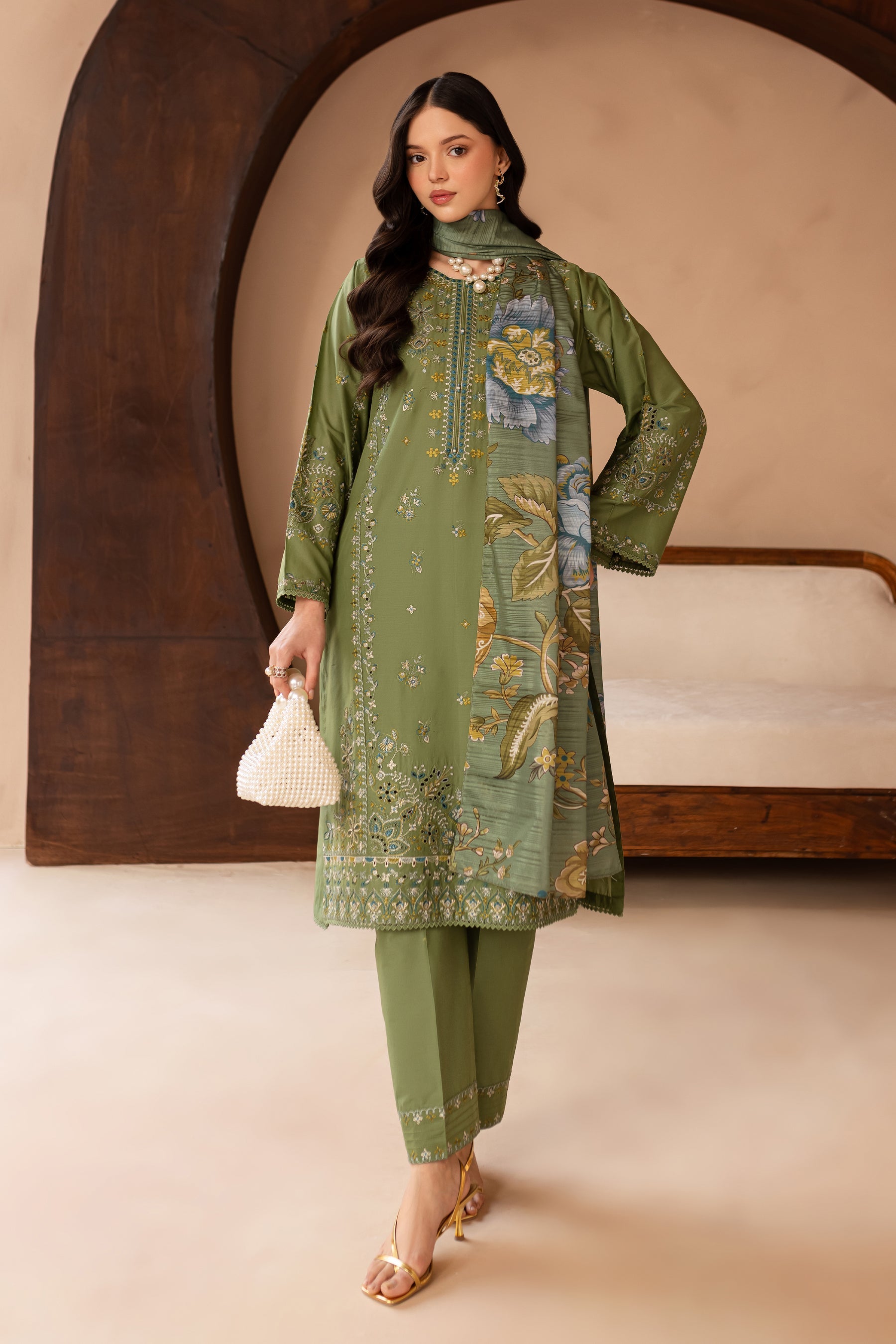 BATIK-3PC LAWN EMBROIDERED SHIRT WITH MONARK PRINT DUPATTA AND EMB TROUSER-BIC-3700