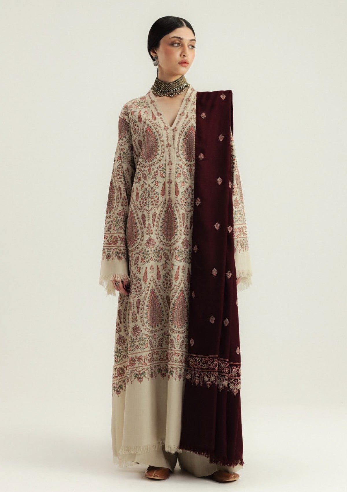 ZARA SHAHJAHAN-3PC KHADDAR EMBROIDERED SHIRT WITH DHANAK EMBROIDERED SHAWL AND TROUSER-BIC-4396