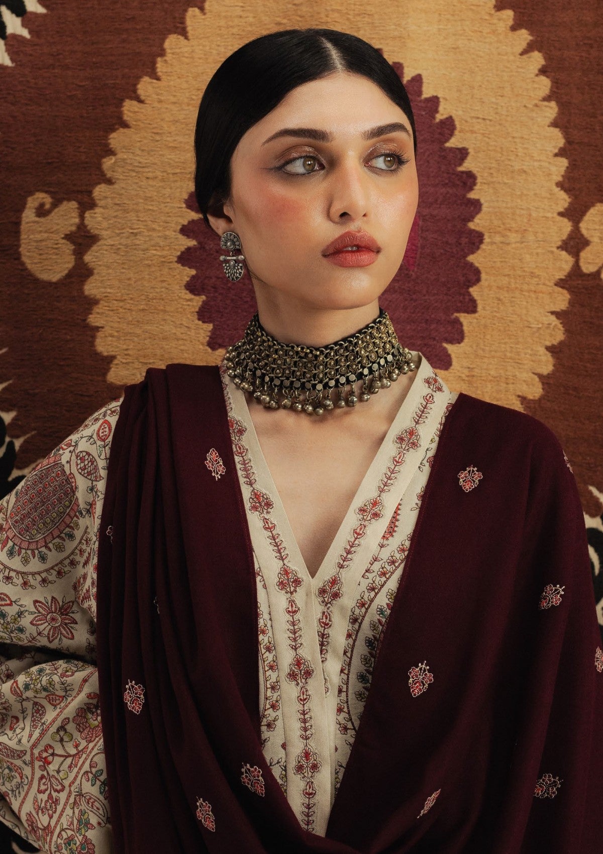 ZARA SHAHJAHAN-3PC KHADDAR EMBROIDERED SHIRT WITH DHANAK EMBROIDERED SHAWL AND TROUSER-BIC-4396