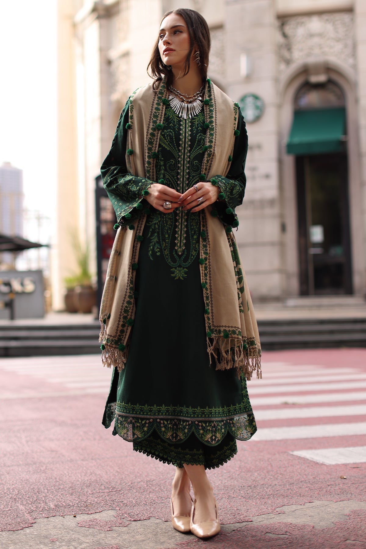 CHARIZMA-3PC DHANAK EMBROIDERED SHIRT WITH COUTRAI PRINTED SHAWL AND EMB TROUSER-BIC-5321