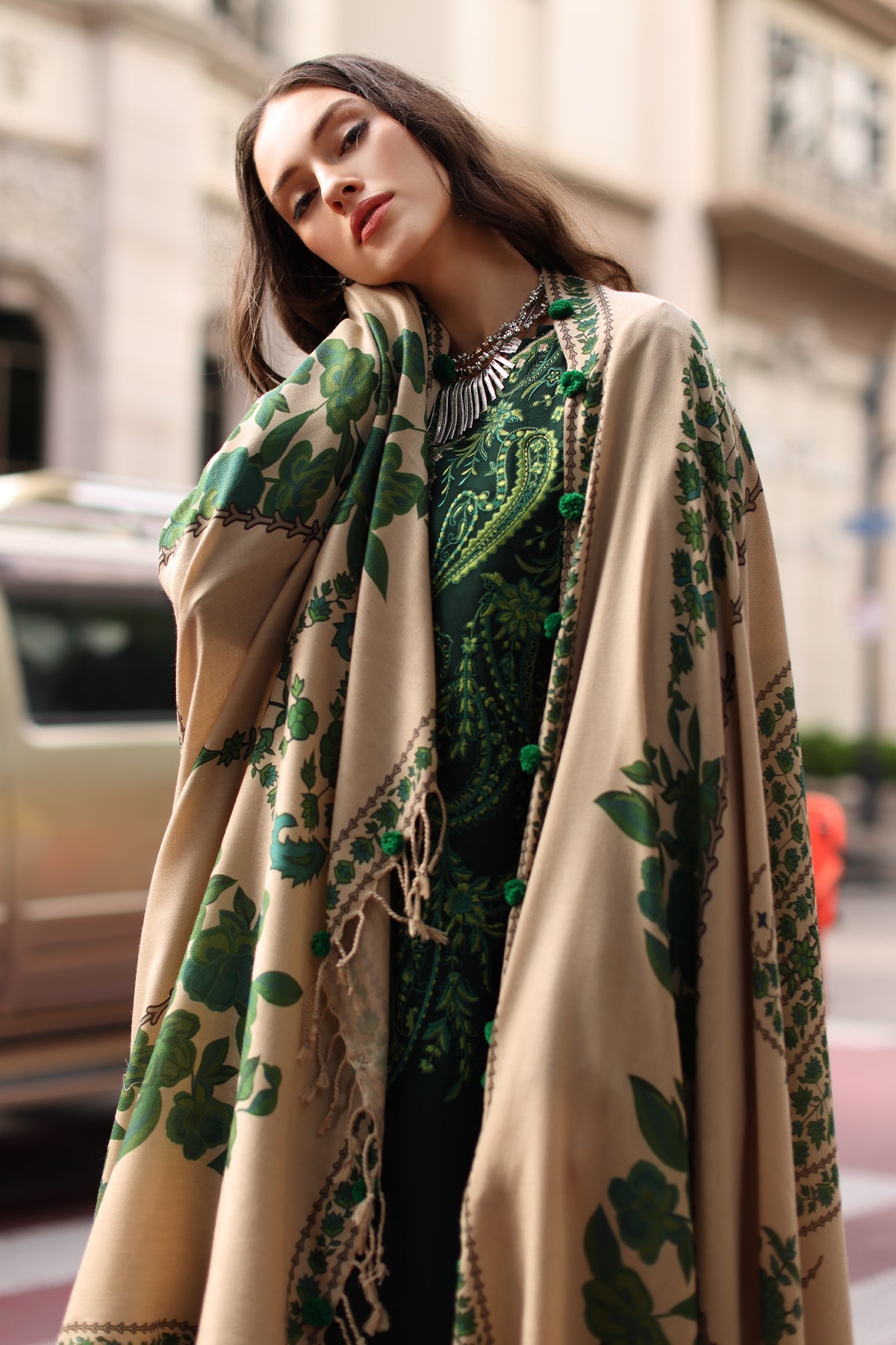 CHARIZMA-3PC DHANAK EMBROIDERED SHIRT WITH COUTRAI PRINTED SHAWL AND EMB TROUSER-BIC-5321