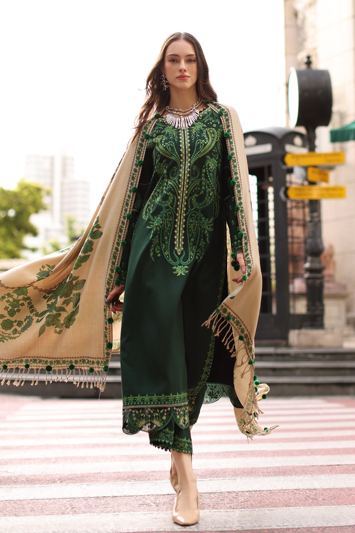 CHARIZMA-3PC DHANAK EMBROIDERED SHIRT WITH COUTRAI PRINTED SHAWL AND EMB TROUSER-BIC-5321