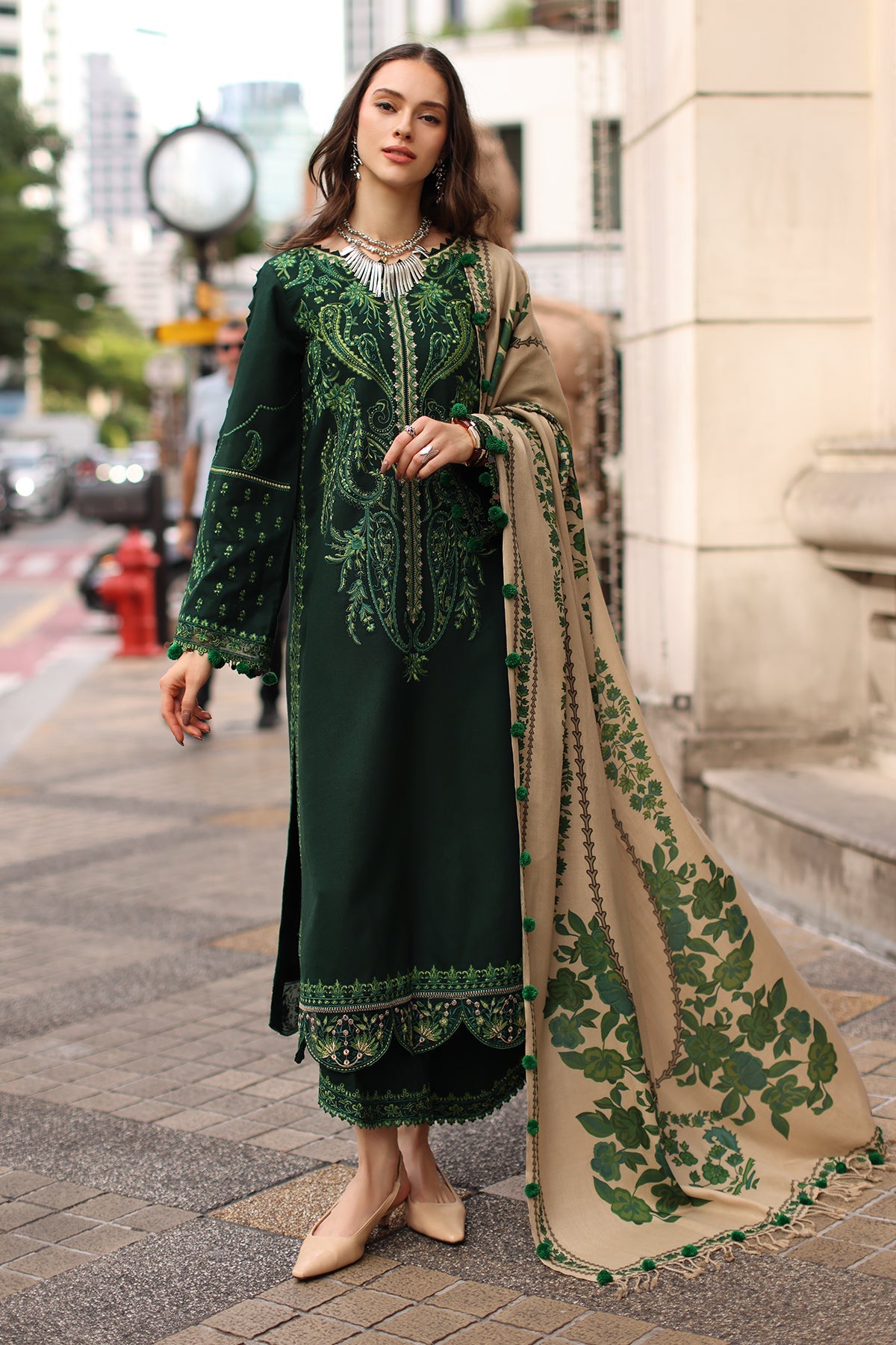 CHARIZMA-3PC DHANAK EMBROIDERED SHIRT WITH COUTRAI PRINTED SHAWL AND EMB TROUSER-BIC-5321