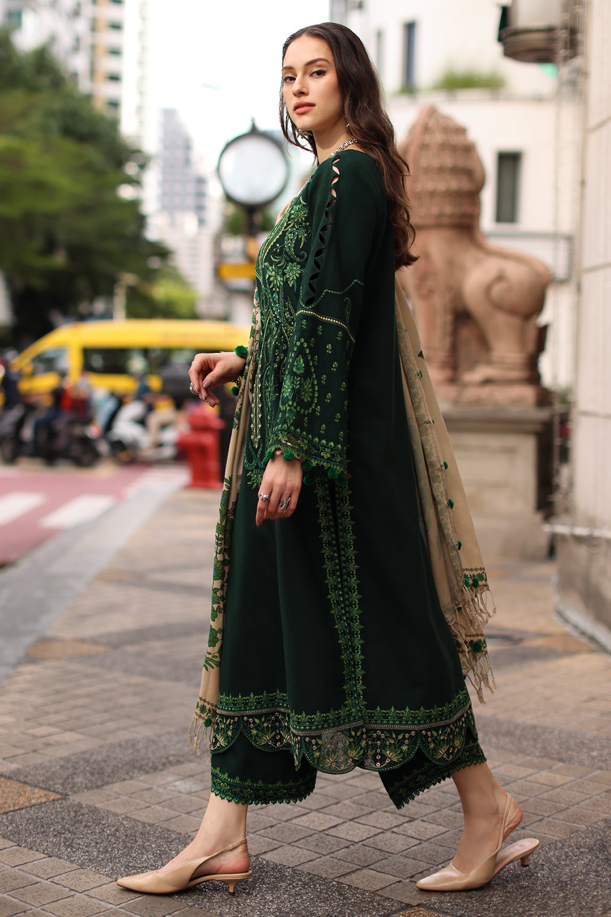 CHARIZMA-3PC DHANAK EMBROIDERED SHIRT WITH COUTRAI PRINTED SHAWL AND EMB TROUSER-BIC-5321