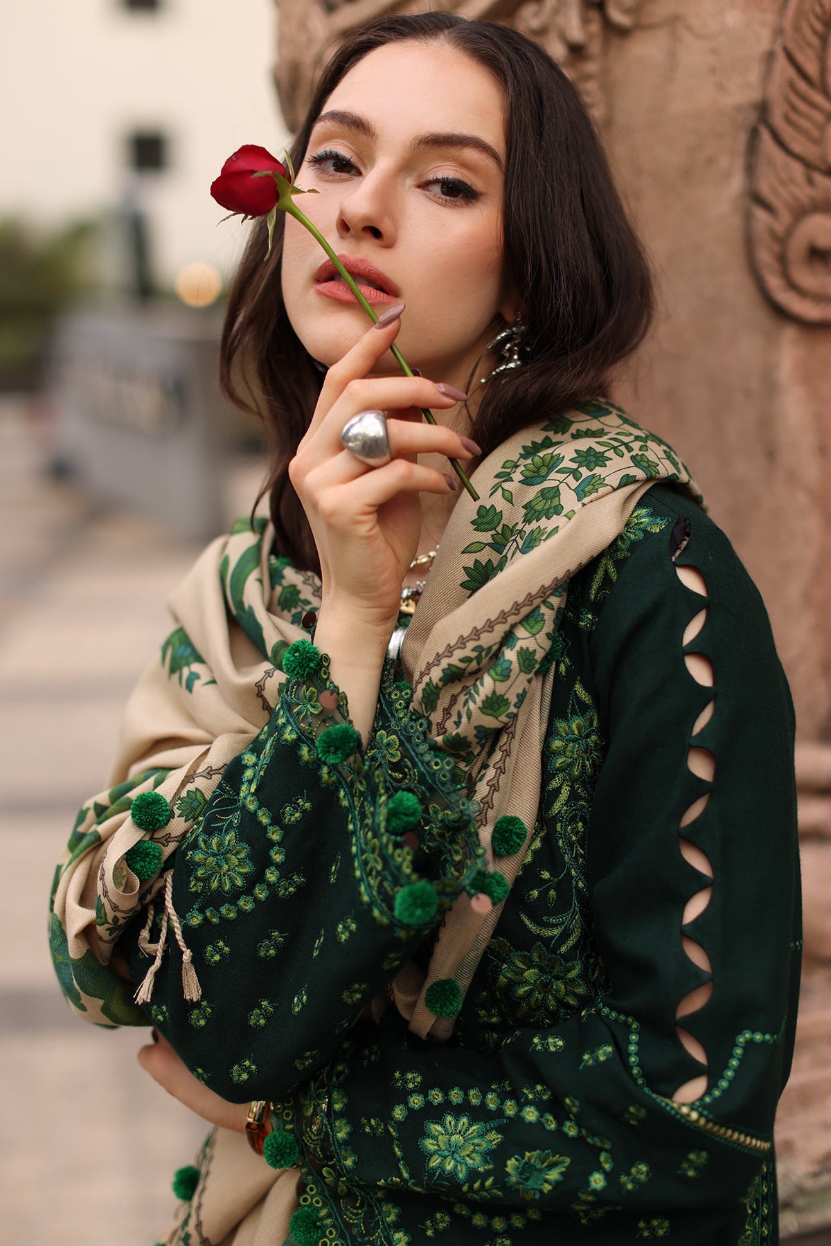 CHARIZMA-3PC DHANAK EMBROIDERED SHIRT WITH COUTRAI PRINTED SHAWL AND EMB TROUSER-BIC-5321