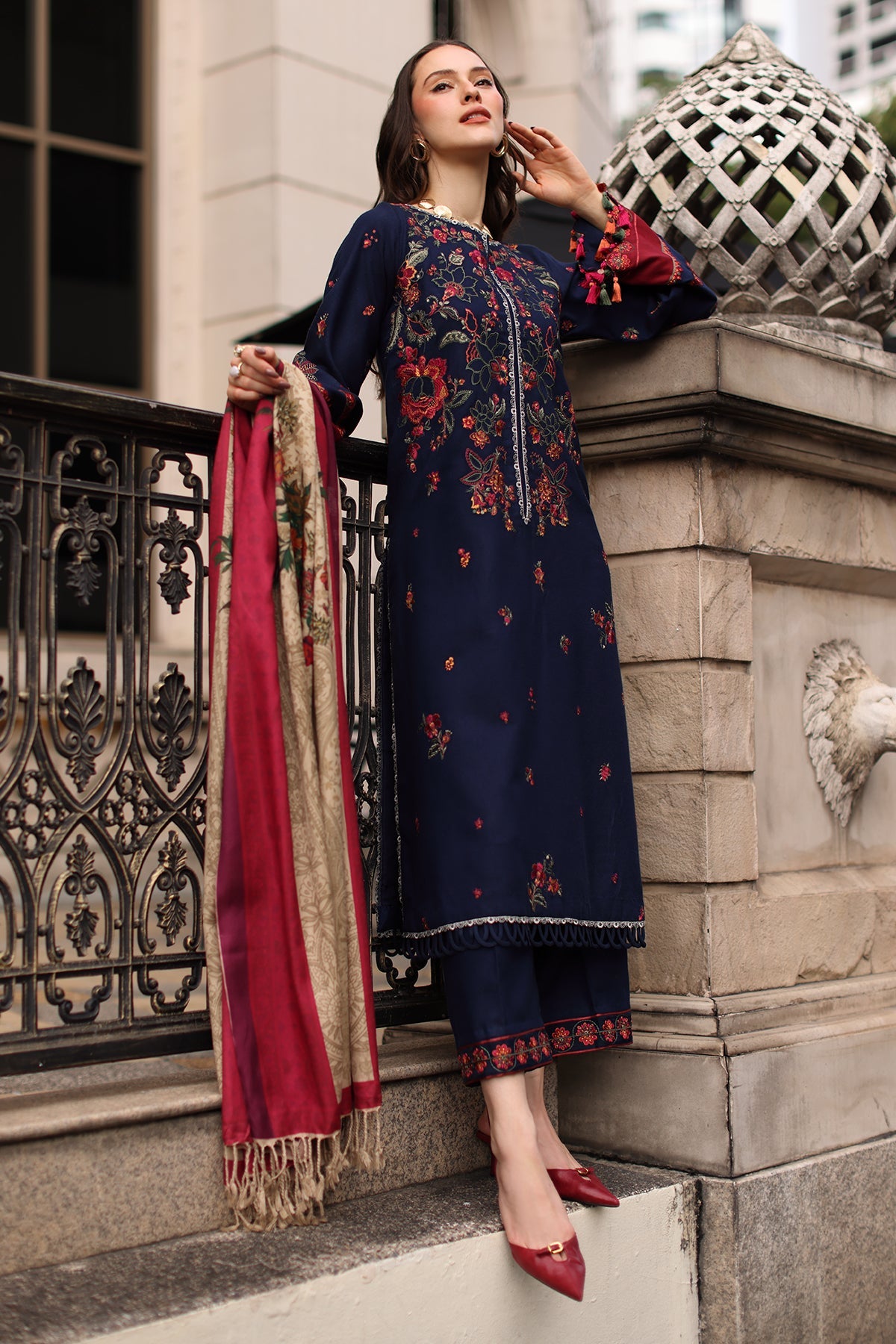 CHARIZMA-3PC DHANAK EMBROIDERED SHIRT WITH COUTRAI PRINTED SHAWL AND EMB TROUSER-BIC-5318