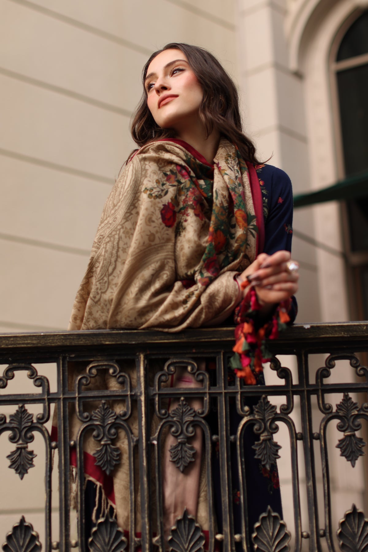 CHARIZMA-3PC DHANAK EMBROIDERED SHIRT WITH COUTRAI PRINTED SHAWL AND EMB TROUSER-BIC-5318