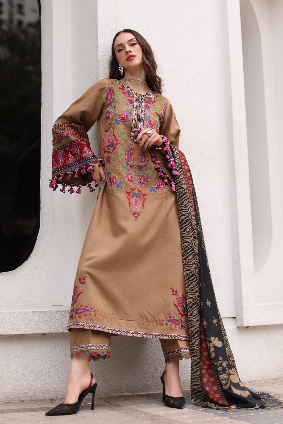 CHARIZMA-3PC DHANAK EMBROIDERED SHIRT WITH COUTRAI PRINTED SHAWL AND EMB TROUSER-BIC-5319