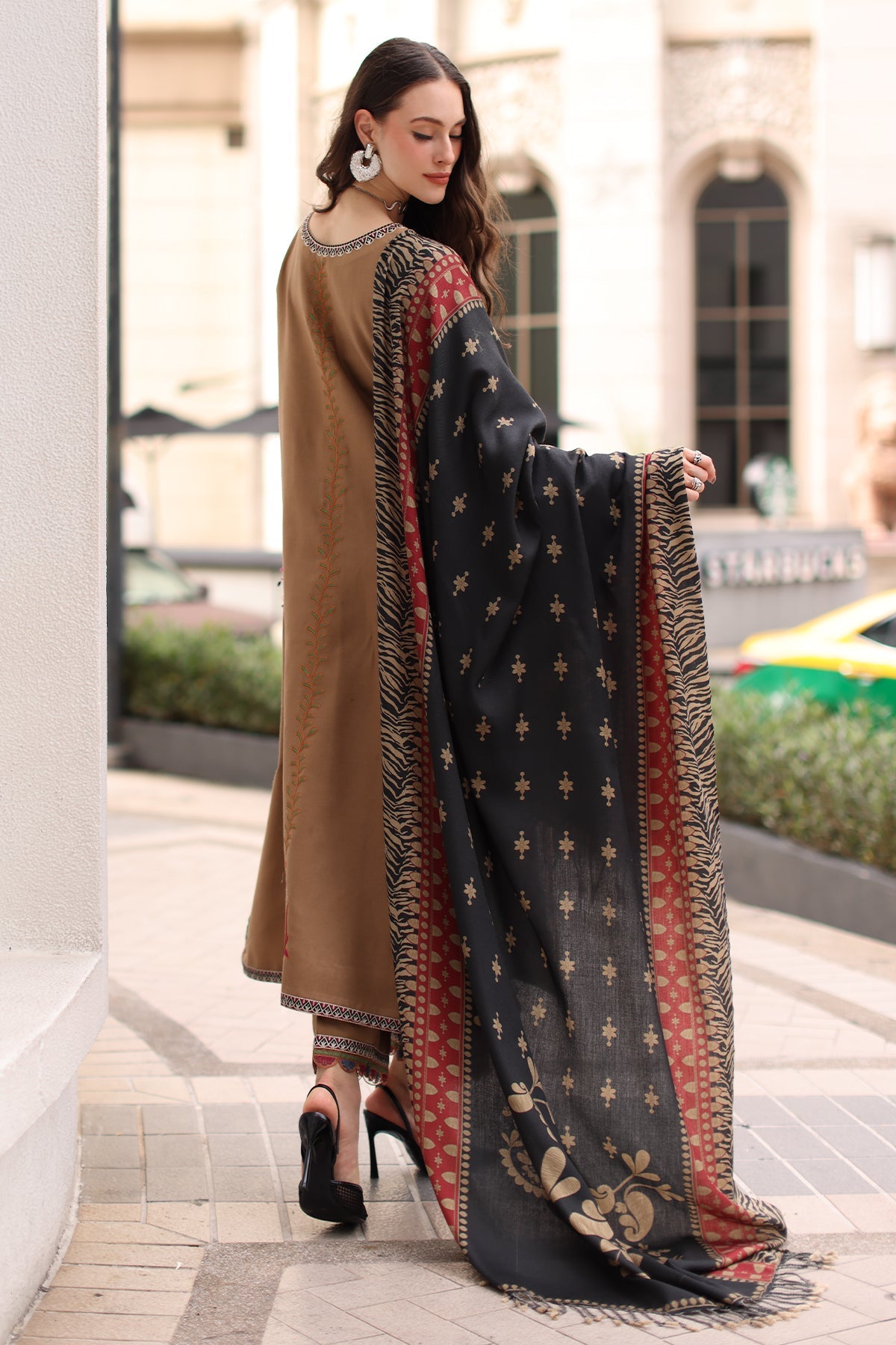 CHARIZMA-3PC DHANAK EMBROIDERED SHIRT WITH COUTRAI PRINTED SHAWL AND EMB TROUSER-BIC-5319
