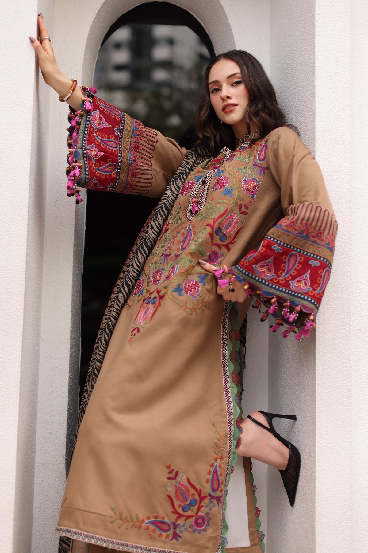 CHARIZMA-3PC DHANAK EMBROIDERED SHIRT WITH COUTRAI PRINTED SHAWL AND EMB TROUSER-BIC-5319