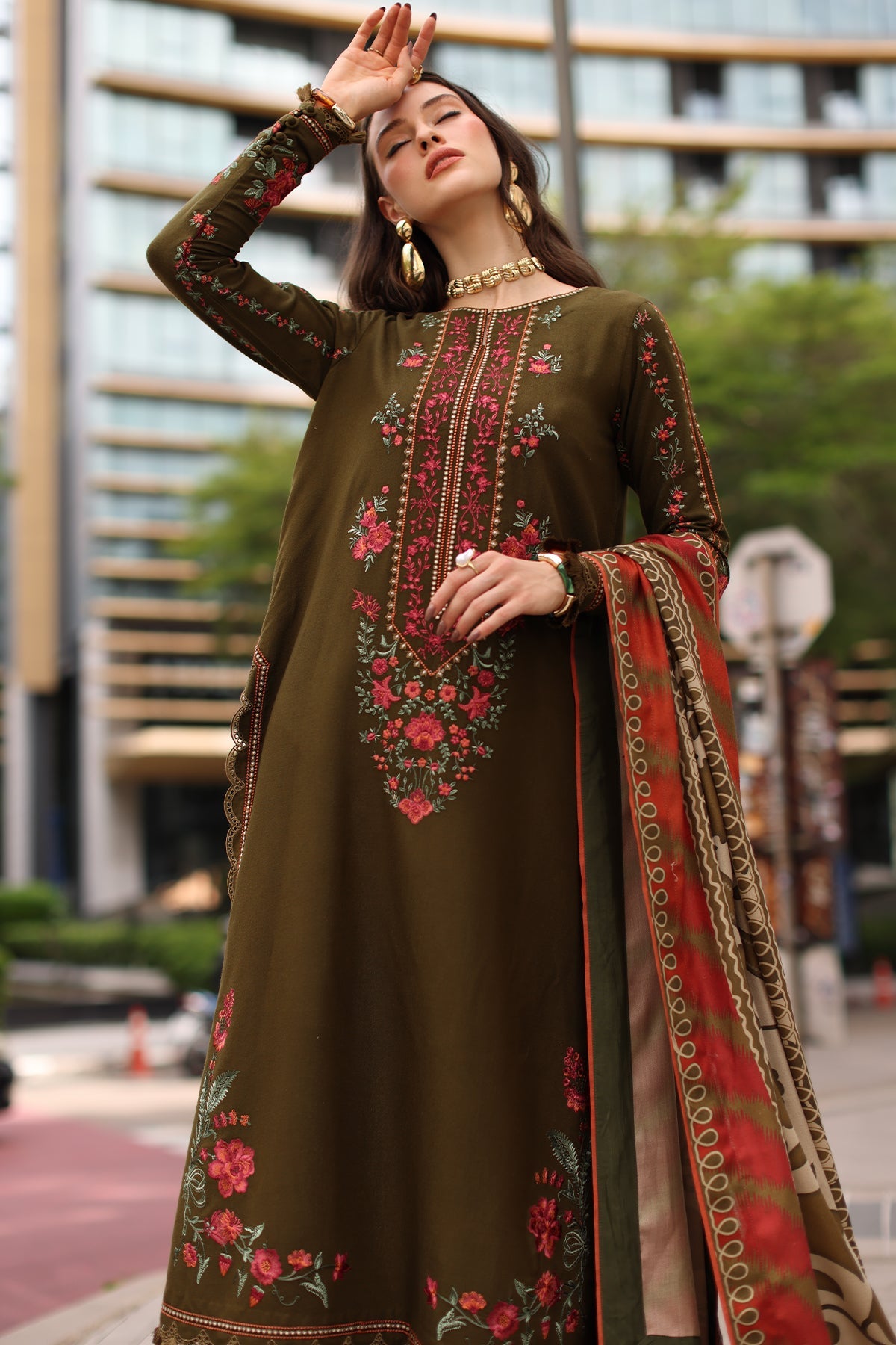 CHARIZMA-3PC DHANAK EMBROIDERED SHIRT WITH COUTRAI PRINTED SHAWL AND EMB TROUSER-BIC-5320