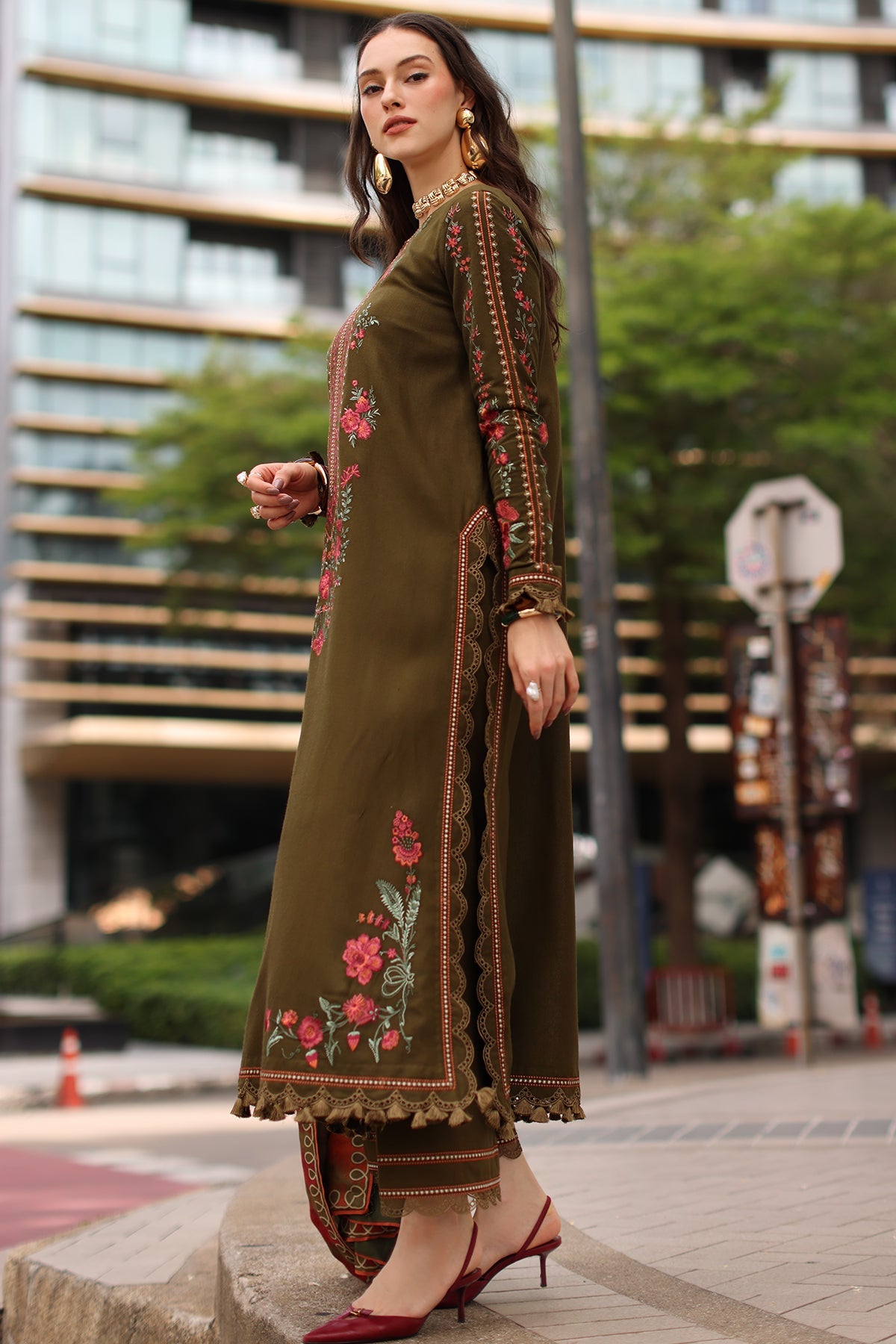 CHARIZMA-3PC DHANAK EMBROIDERED SHIRT WITH COUTRAI PRINTED SHAWL AND EMB TROUSER-BIC-5320