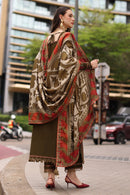 CHARIZMA-3PC DHANAK EMBROIDERED SHIRT WITH COUTRAI PRINTED SHAWL AND EMB TROUSER-BIC-5320