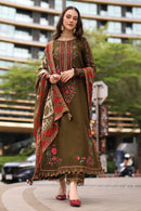 CHARIZMA-3PC DHANAK EMBROIDERED SHIRT WITH COUTRAI PRINTED SHAWL AND EMB TROUSER-BIC-5320