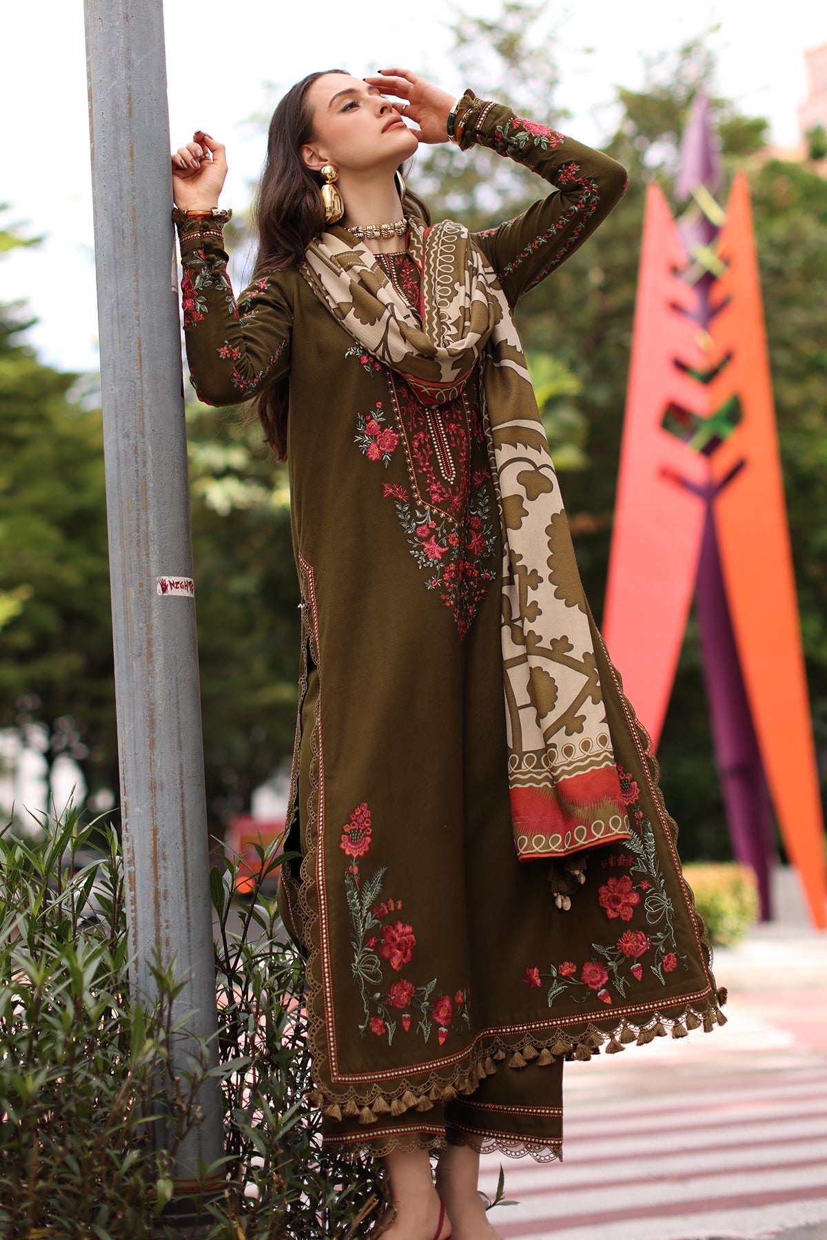 CHARIZMA-3PC DHANAK EMBROIDERED SHIRT WITH COUTRAI PRINTED SHAWL AND EMB TROUSER-BIC-5320