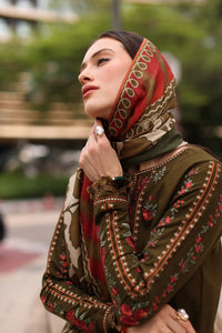 CHARIZMA-3PC DHANAK EMBROIDERED SHIRT WITH COUTRAI PRINTED SHAWL AND EMB TROUSER-BIC-5320