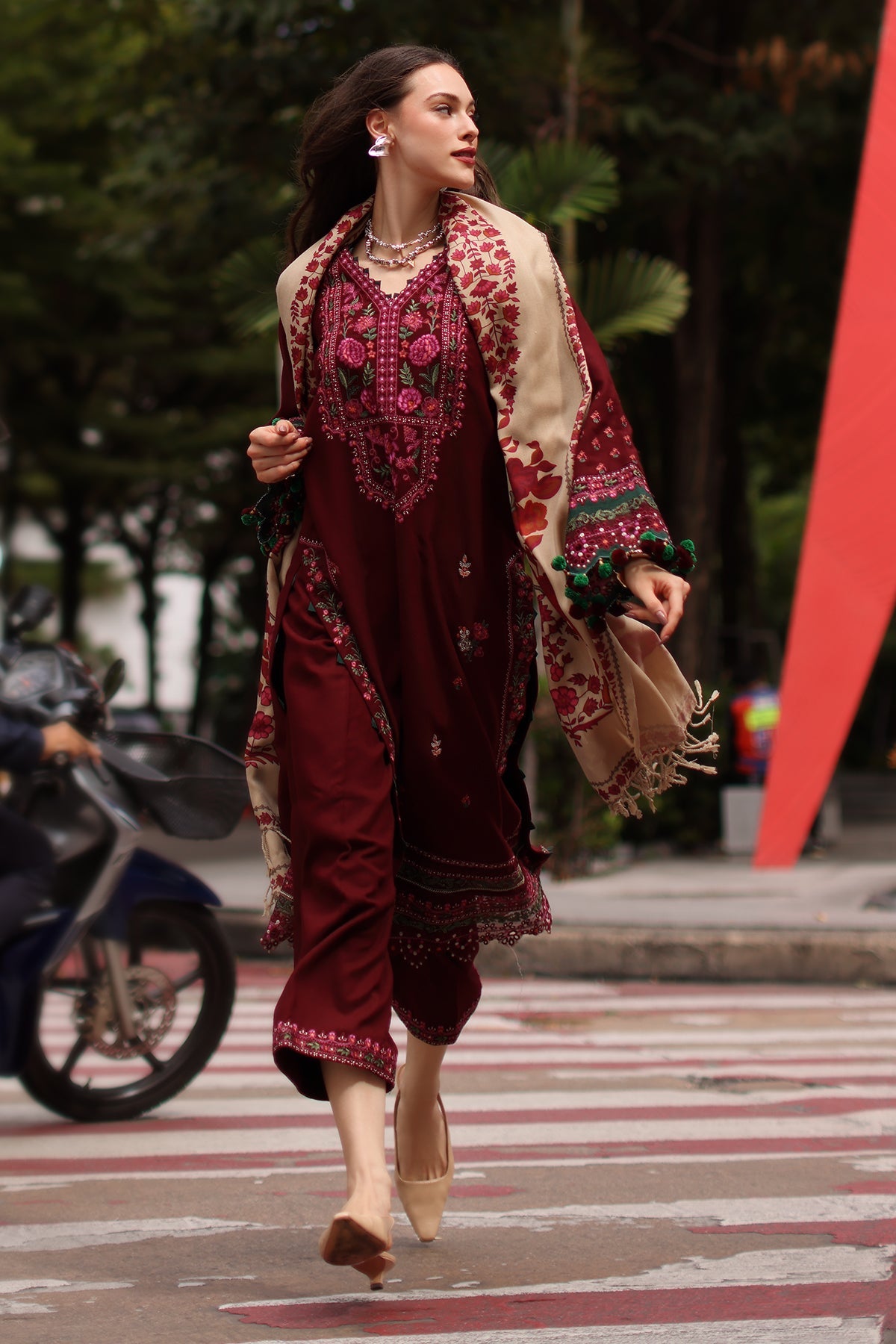 CHARIZMA-3PC DHANAK EMBROIDERED SHIRT WITH COUTRAI PRINTED SHAWL AND EMB TROUSER-BIC-5317