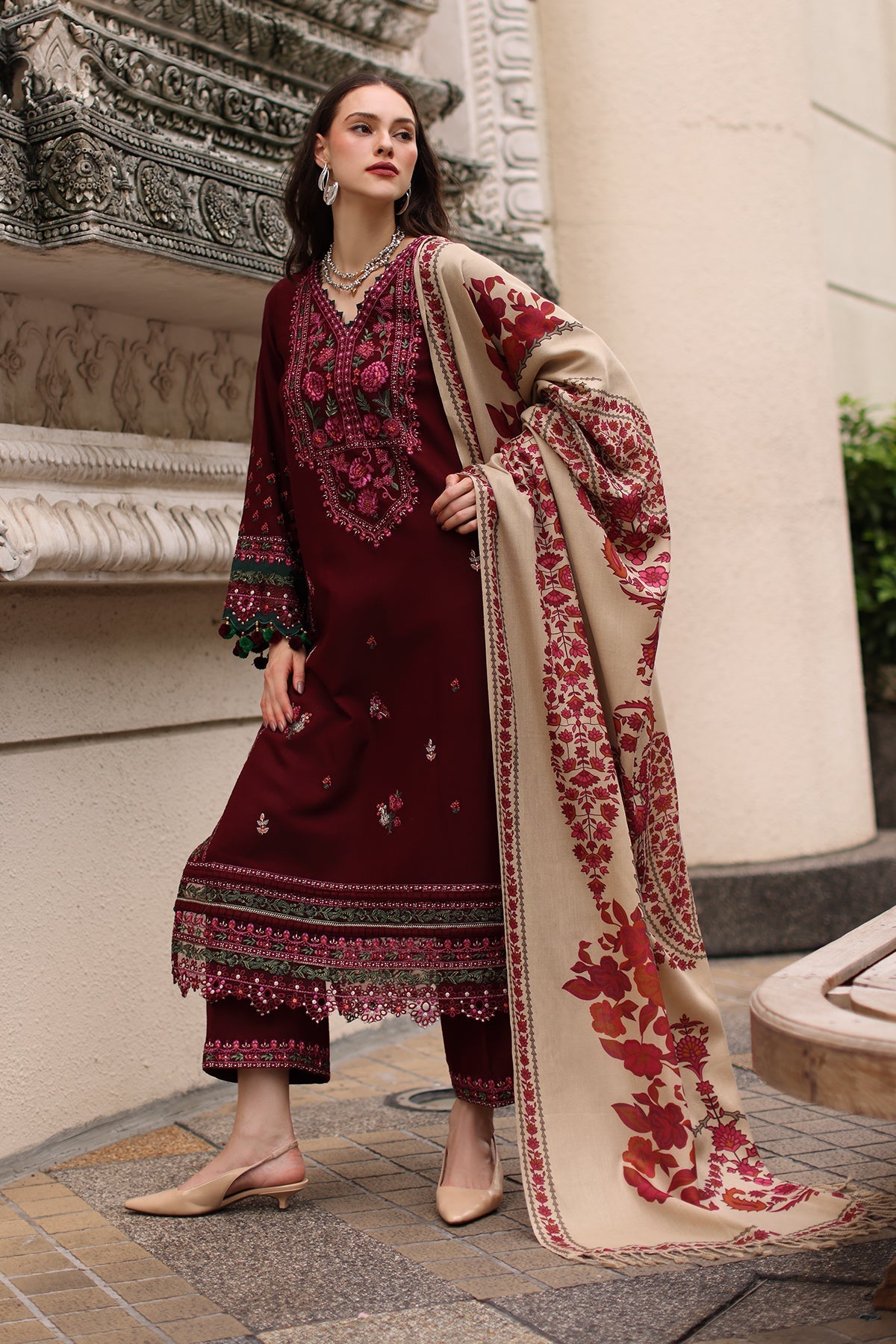 CHARIZMA-3PC DHANAK EMBROIDERED SHIRT WITH COUTRAI PRINTED SHAWL AND EMB TROUSER-BIC-5317