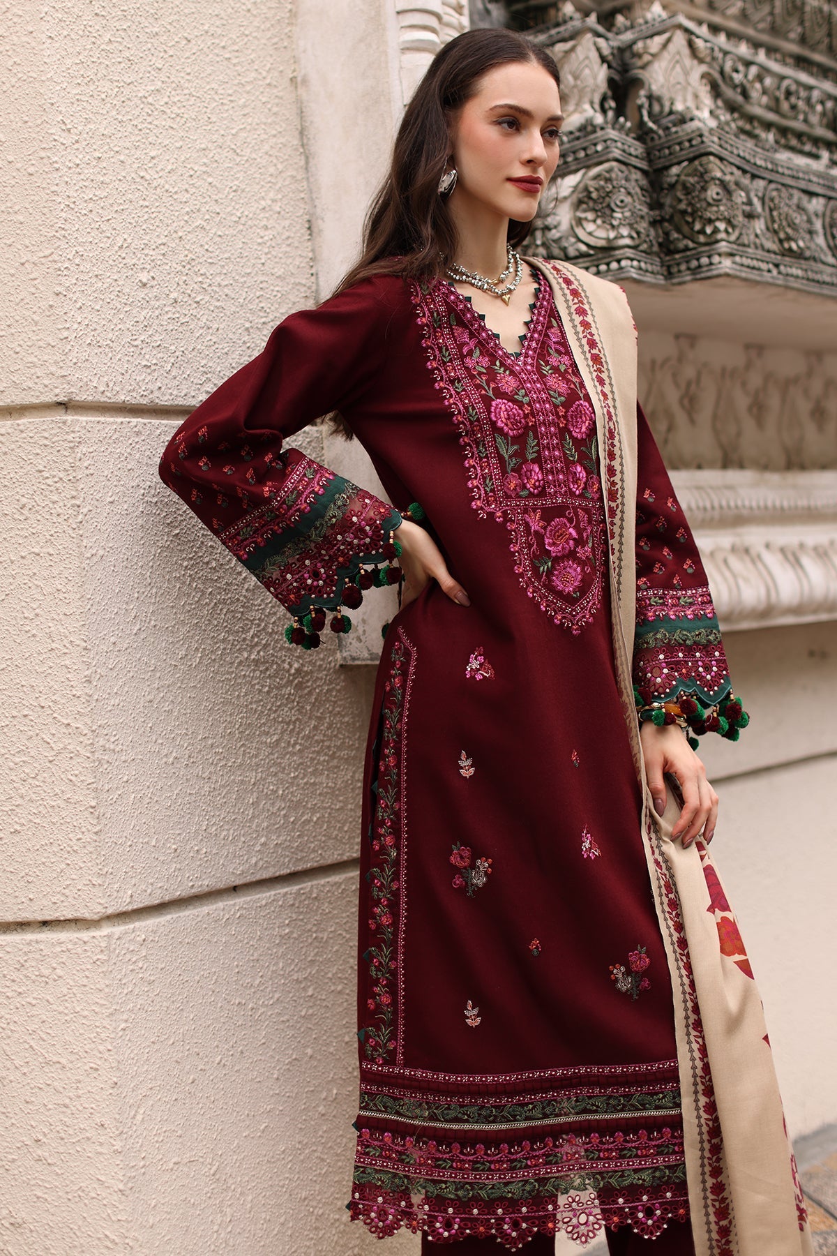 CHARIZMA-3PC DHANAK EMBROIDERED SHIRT WITH COUTRAI PRINTED SHAWL AND EMB TROUSER-BIC-5317