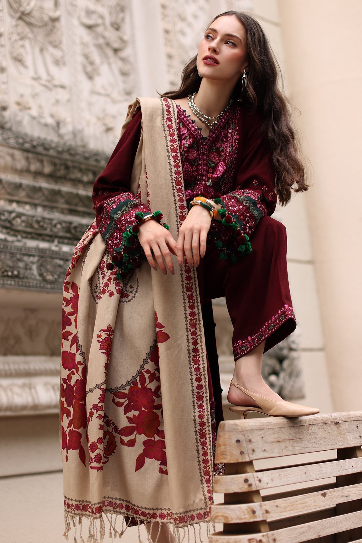 CHARIZMA-3PC DHANAK EMBROIDERED SHIRT WITH COUTRAI PRINTED SHAWL AND EMB TROUSER-BIC-5317