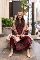 CHARIZMA-3PC DHANAK EMBROIDERED SHIRT WITH COUTRAI PRINTED SHAWL AND EMB TROUSER-BIC-5317
