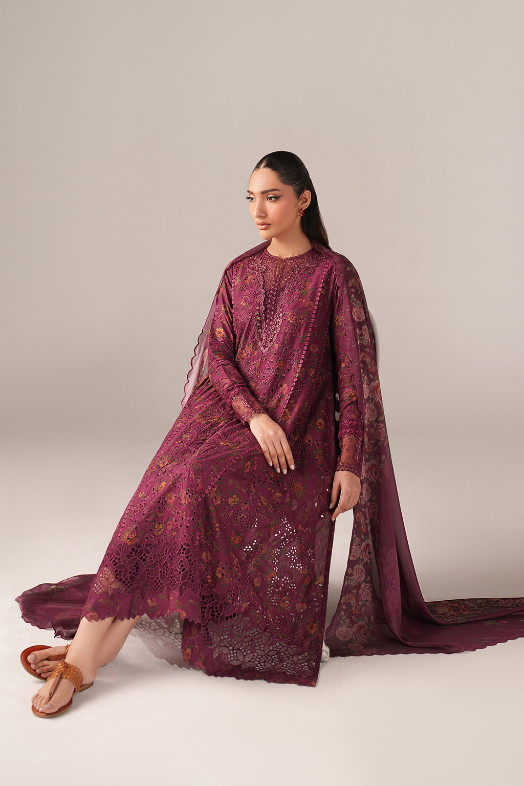 IZNIK-3PC LAWN PRINTED CHIKAN EMB FROCK WITH SILK PRINTED DUPATTA AND TROUSER-BIC-011