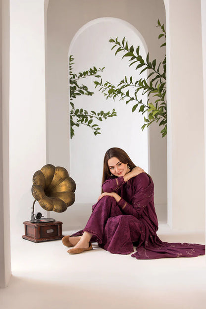 SOBIA NAZIR - 3PC DHANAK EMBROIDERED SHIRT WITH DHANAK EMBROIDERED SHAWL AND TROUSE-BIC-3423