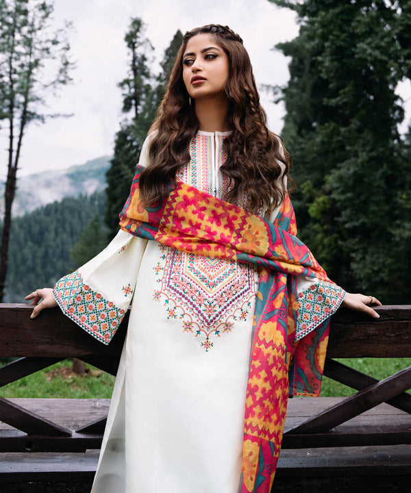 SAPPHIRE- 3PC DHANAK EMBROIDERED SHIRT WITH WOOL PRINT SHAWL AND TROUSER-BIC-3330