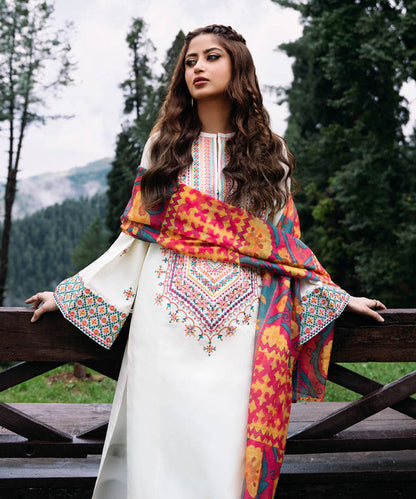 SAPPHIRE- 3PC DHANAK EMBROIDERED SHIRT WITH WOOL PRINT SHAWL AND TROUSER-BIC-3330