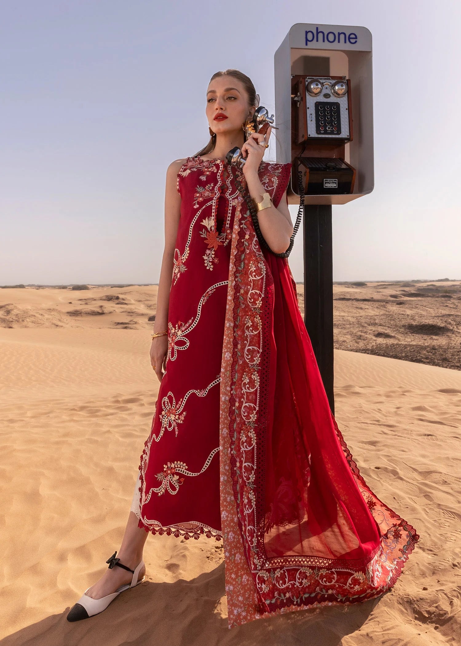 CRIMSON-3PC LAWN CHIKAANKARI EMBROIDERED SHIRT WITH CHIFOON PRINTED EMB DUPATTA AND EMB TROUSER-BIC-4623