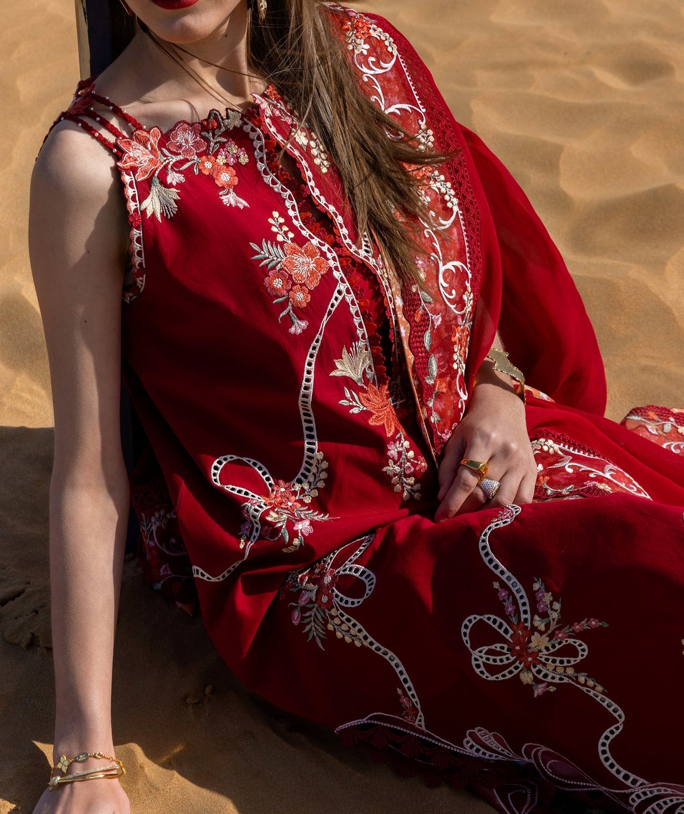 CRIMSON-3PC LAWN CHIKAANKARI EMBROIDERED SHIRT WITH CHIFOON PRINTED EMB DUPATTA AND EMB TROUSER-BIC-4623