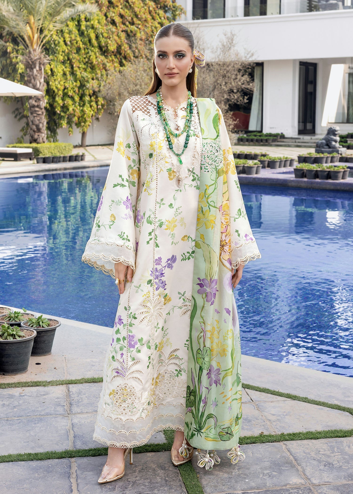 CRIMSON-3PC LAWN DIGITAL PRINTED CHIKANKARI EMB SHIRT WITH SILK PRINTED DUPATTA AND PRINTED TROUSER-BIC-025
