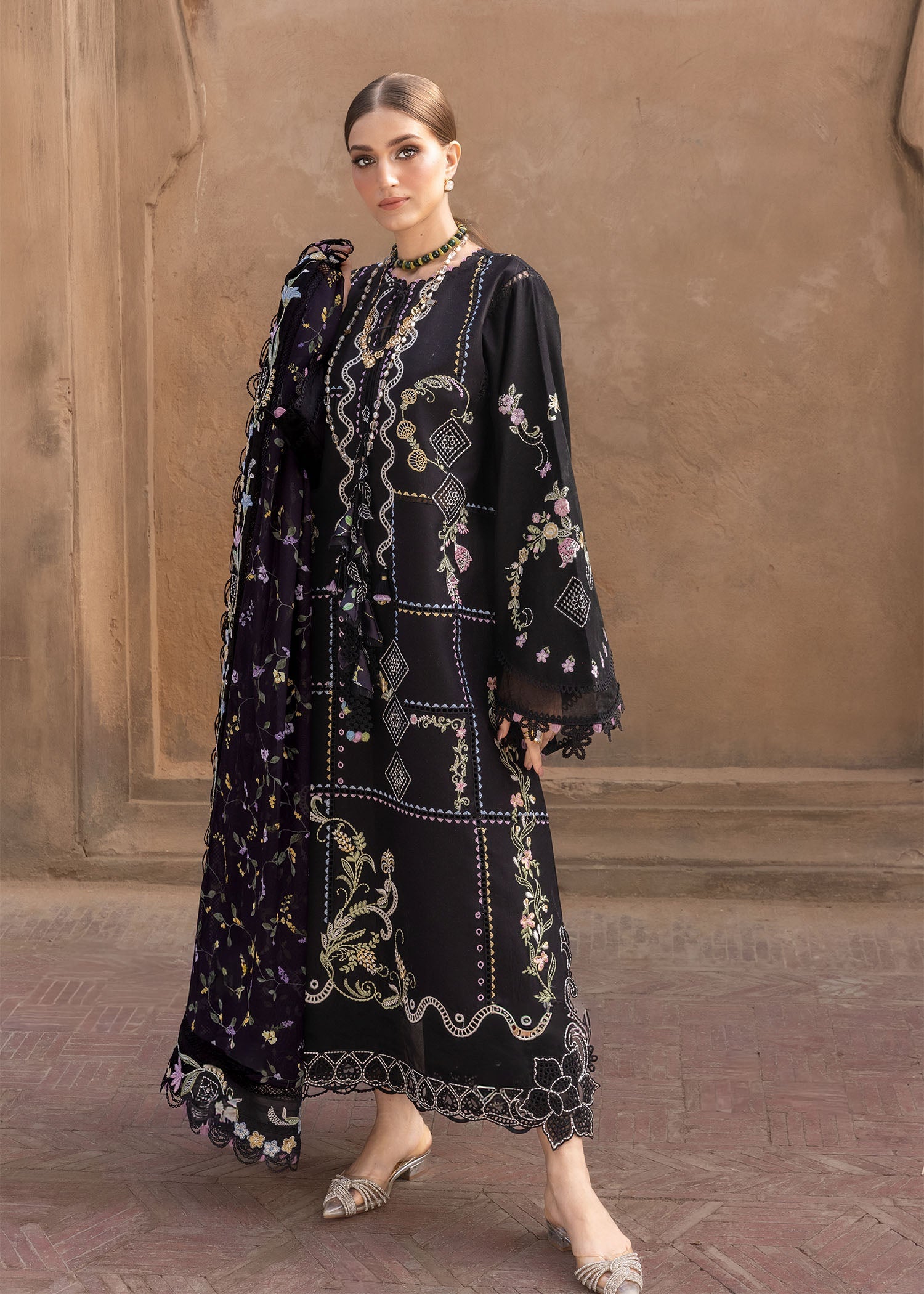 CRIMSON-3PC DHANAK EMBROIDERED SHIRT WITH WOOL PRINTED EMB SHAWL AND TROUSER-BIC-5148
