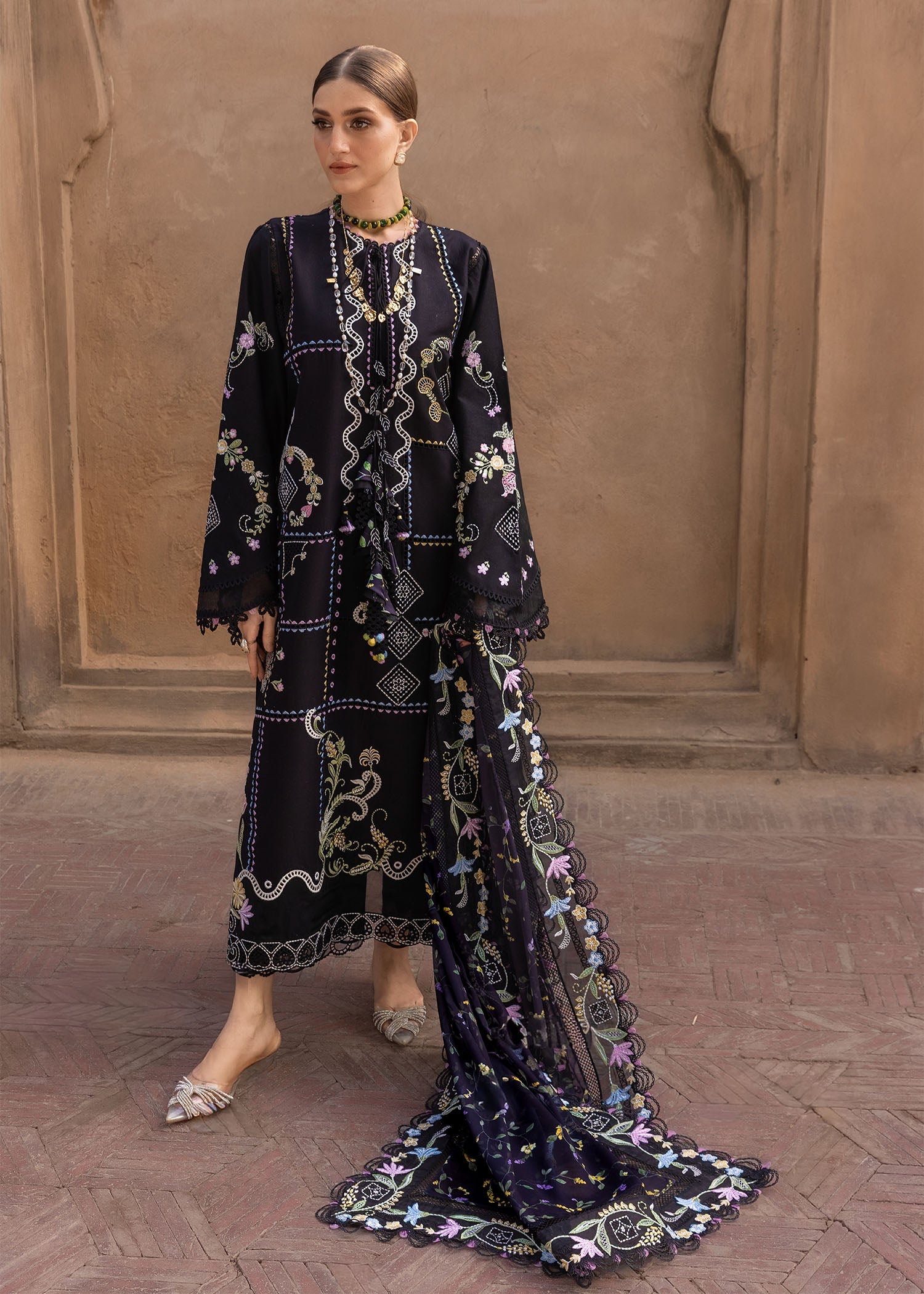 CRIMSON-3PC DHANAK EMBROIDERED SHIRT WITH WOOL PRINTED EMB SHAWL AND TROUSER-BIC-5148