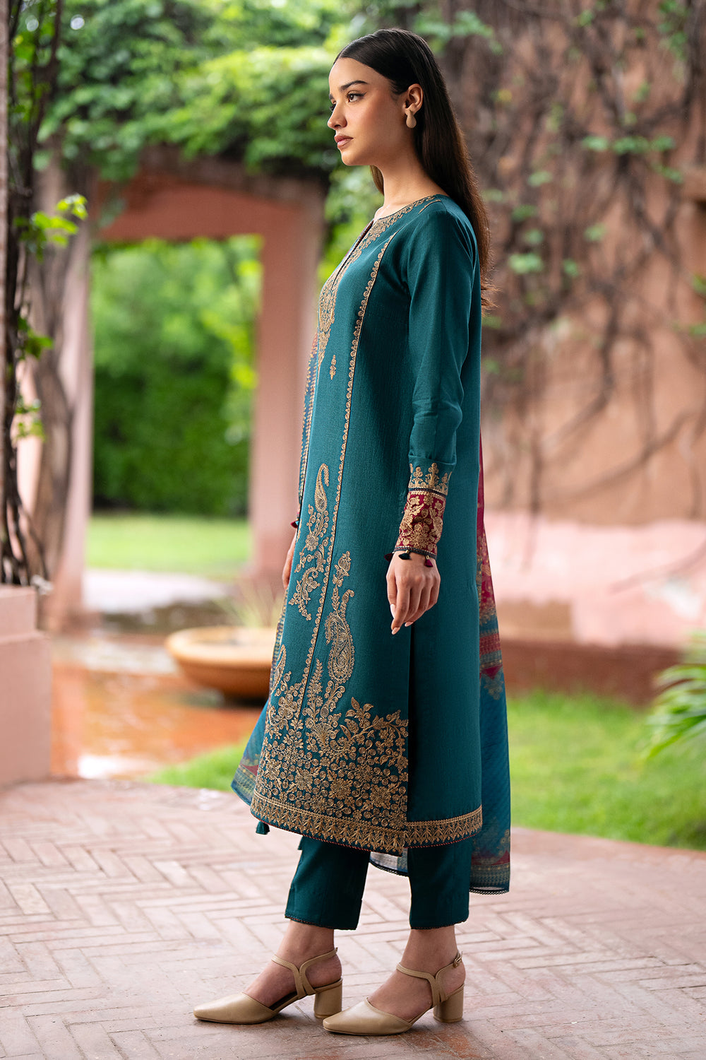 JAZMIN- 3PC DHANAK EMBROIDERED SHIRT WITH WOOL PRINT SHAWL AND TROUSER-BIC-3305-A