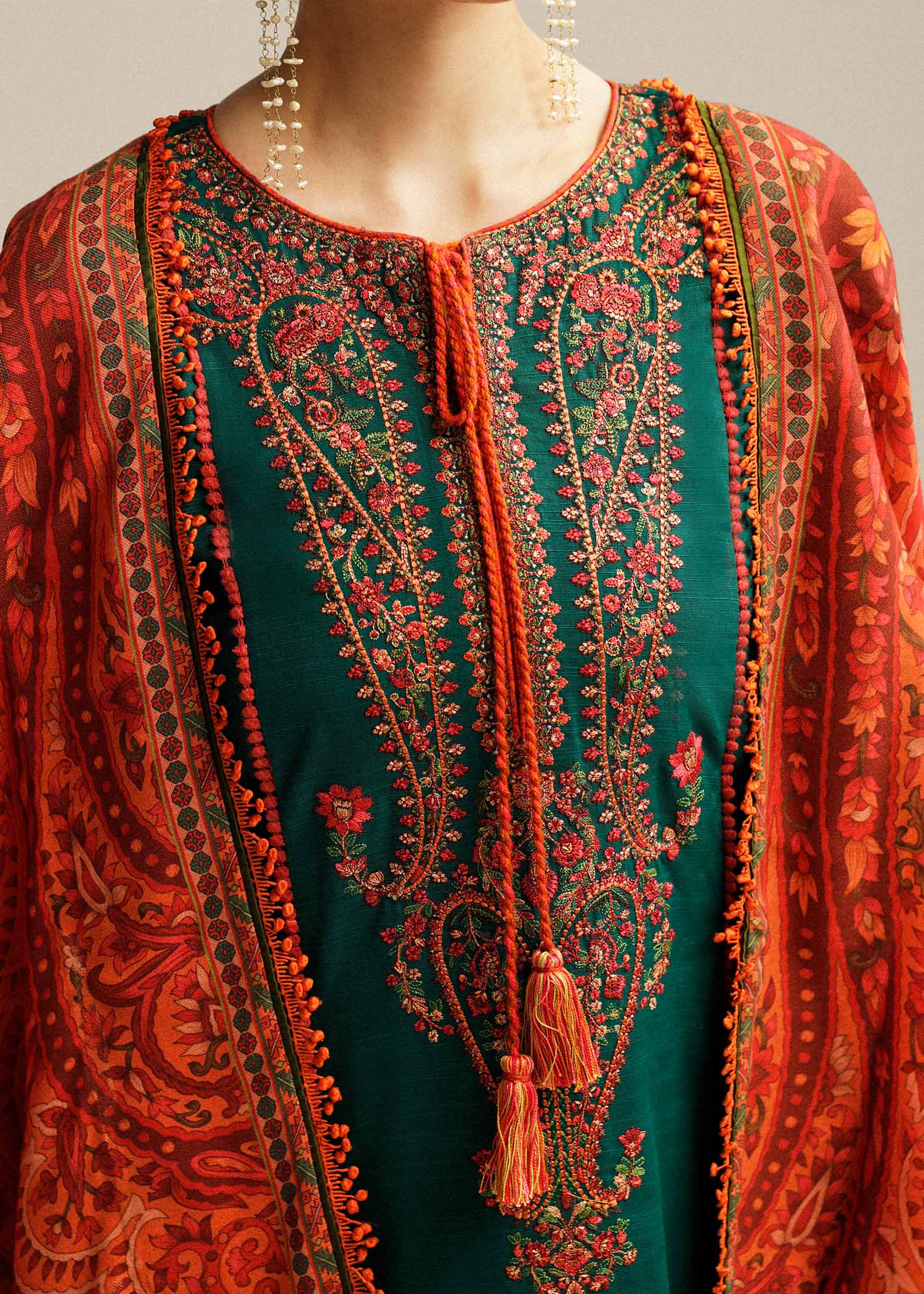 HUSSAIN REHAR-3PC DHANAK EMBROIDERED SHIRT WITH COURTRAI PRINTED SHAWL AND TROUSER-BIC-