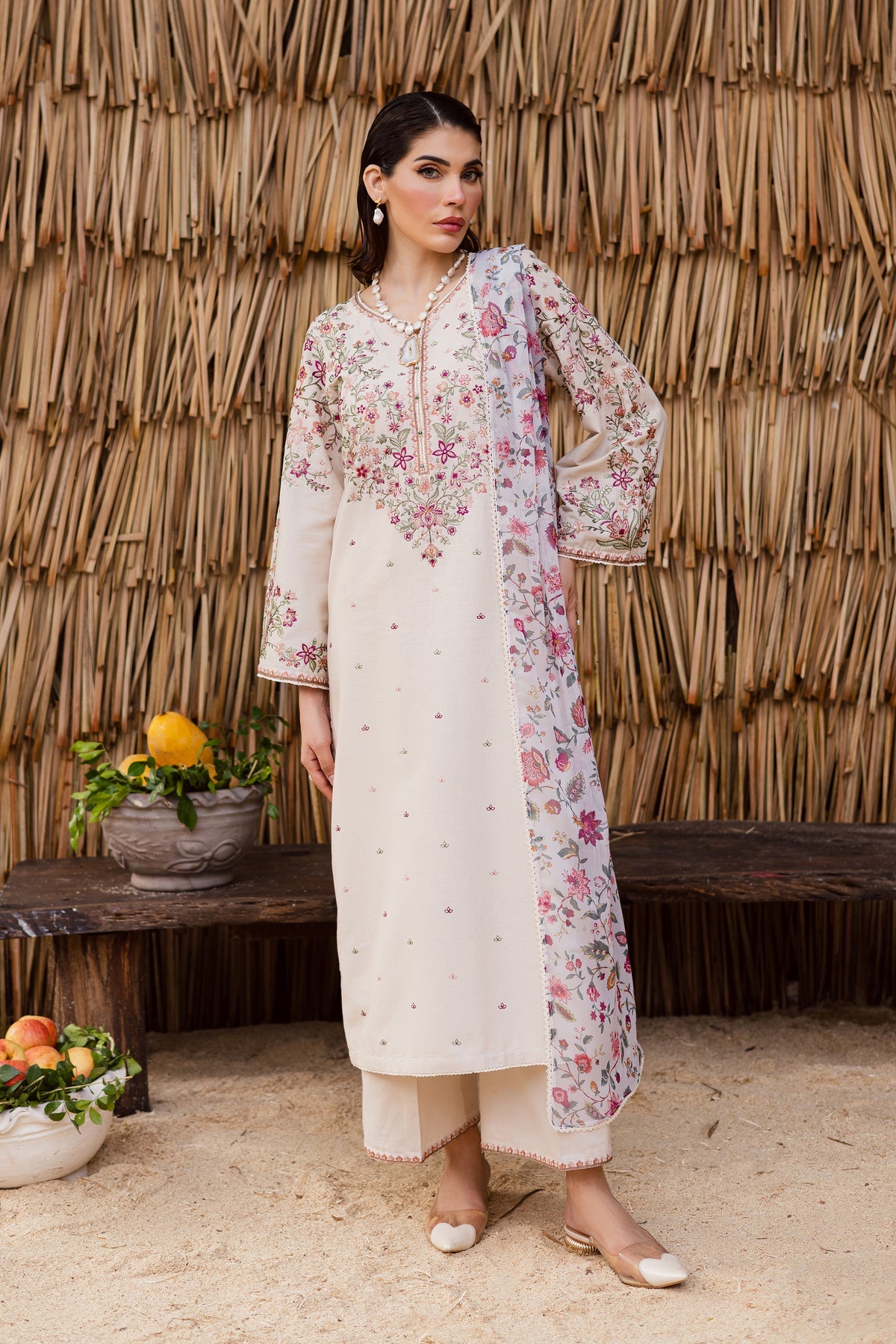 BATIK-3PC DHANAK EMBROIDERED SHIRT WITH WOOL PRINTED SHAWL AND EMB TROUSER -BIC-5040