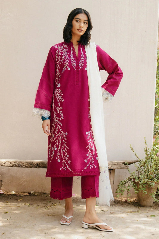 ZARASHAHJAHAN-3PC DHANAK EMBROIDERED SHIRT WITH COTTON NET EMBROIDERED DUPATTA AND TROUSER-BIC-4216