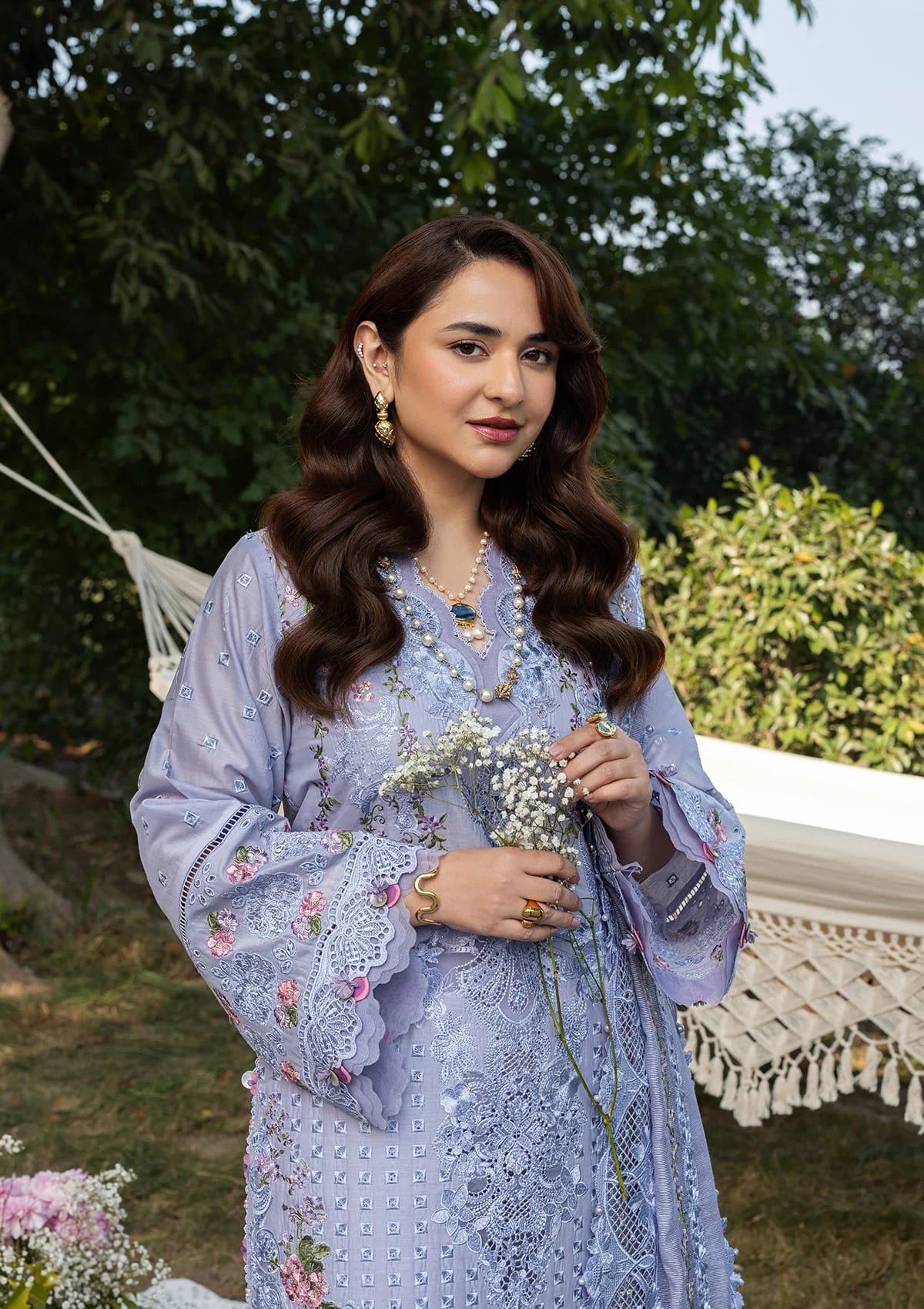 ELAF-3PC DHANAK EMBROIDERED SHIRT WITH DHANAK EMBROIDERED SHAWL AND TROUSER-BIC-5218