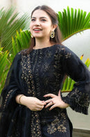 DANANEER-3PC KHADDAR EMBROIDERED SHIRT WITH CHIFFON EMBROIDERED DUPATTA & TROUSER-BIC-4116