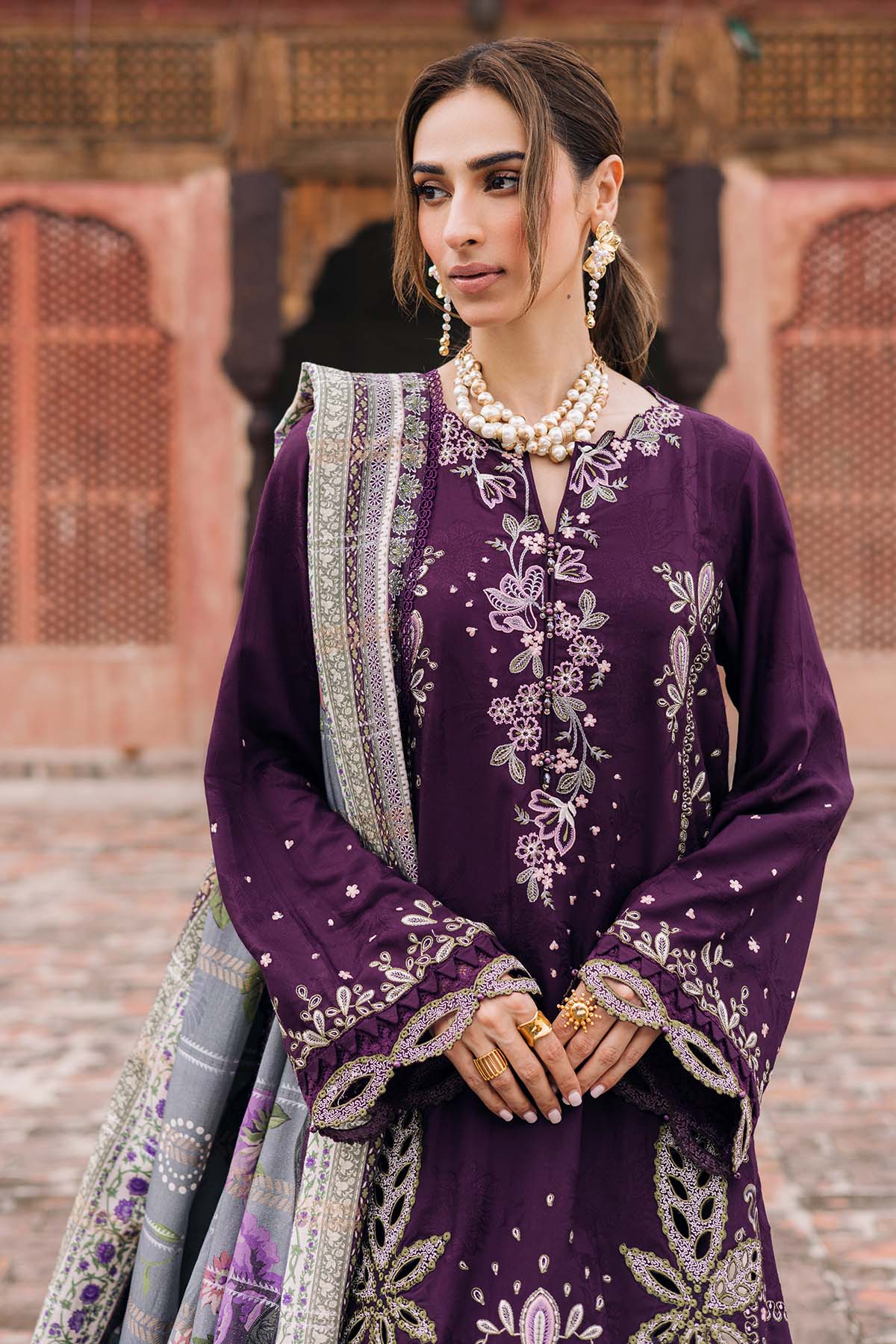 NUREH-3PC DHANAK EMBROIDERED SHIRT WITH COURTRAI PRINTED SHAWL & TROUSER-BIC-4351