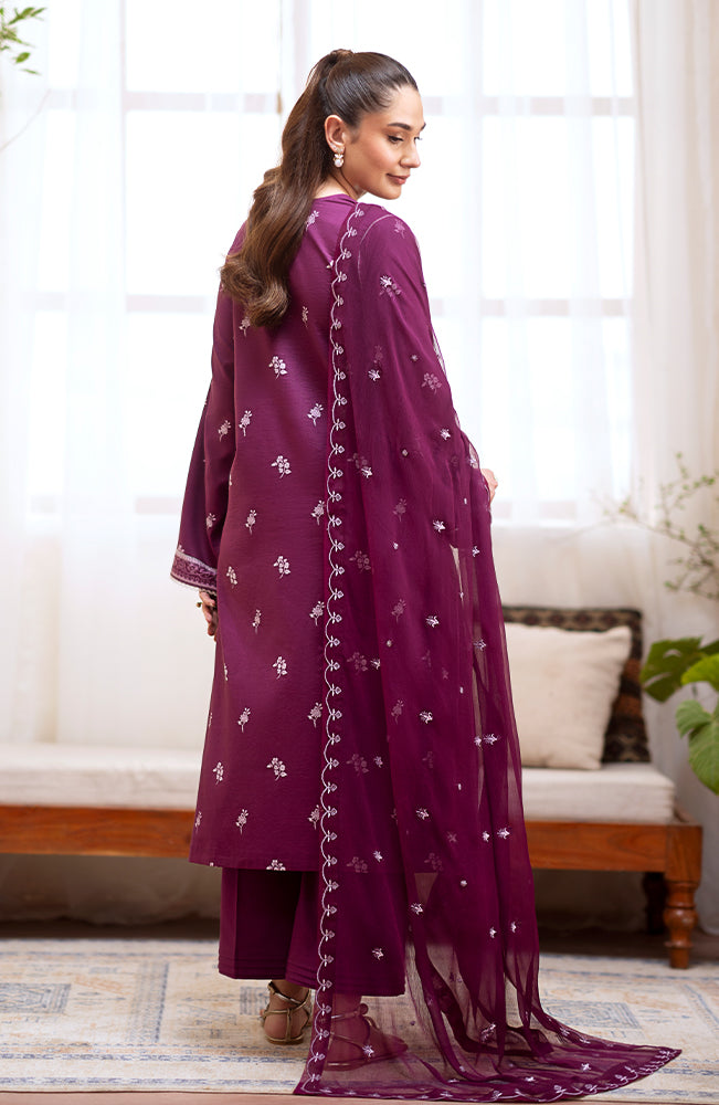 SERAN-3PC DHANAK EMBROIDRED SHIRT WITH DHANAK EMBROIDRED SHAWL AND TROUSER-BIC-