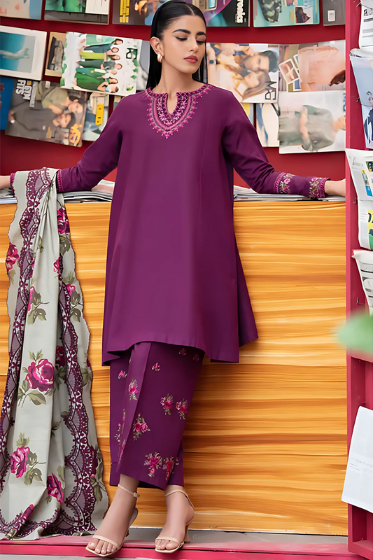 SAPPHIRE - 3PC DHANAK EMBROIDERED SHIRT WITH COUTURE WOOL PRINT SHAWL AND EMB TROUSER-BIC-3170