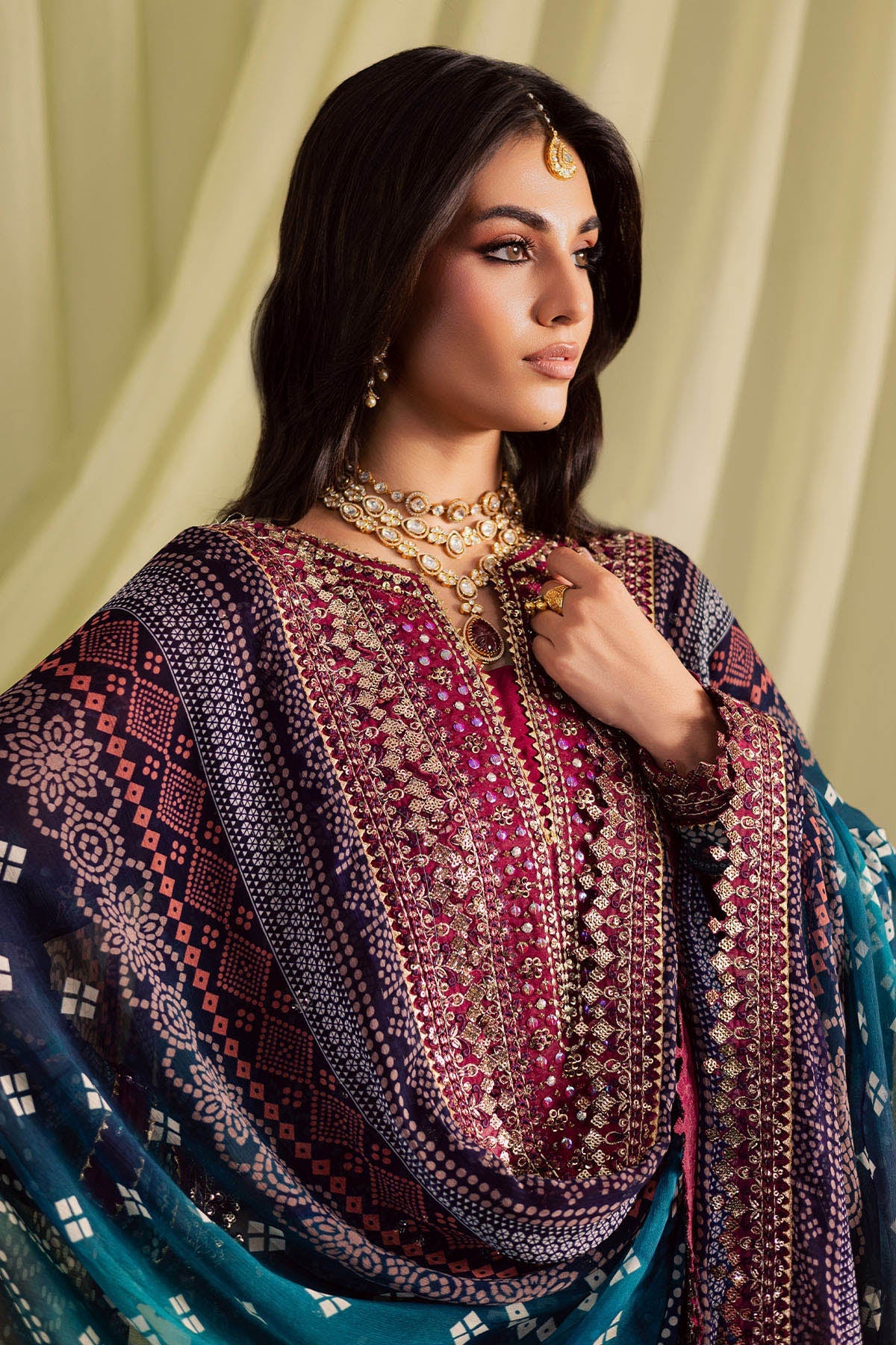 NUREH-3PC LAWN DIGITAL PRINTED EMBROIDERED SHIRT WITH CHUNRI PRINTED EMB DUPATTA AND DYED TROUSER-BIC-018