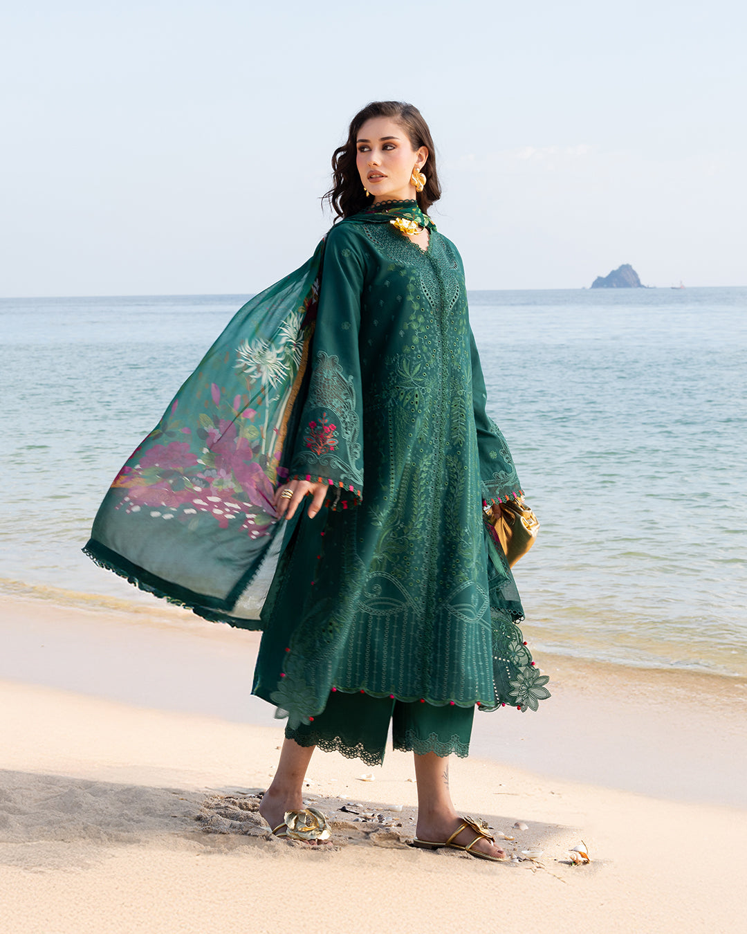 JADE-3PC LAWN CHIKAN EMBROIDERED SHIRT WITH CHIFFON PRINTED DUPATTA AND TROUSER-BIC-4877