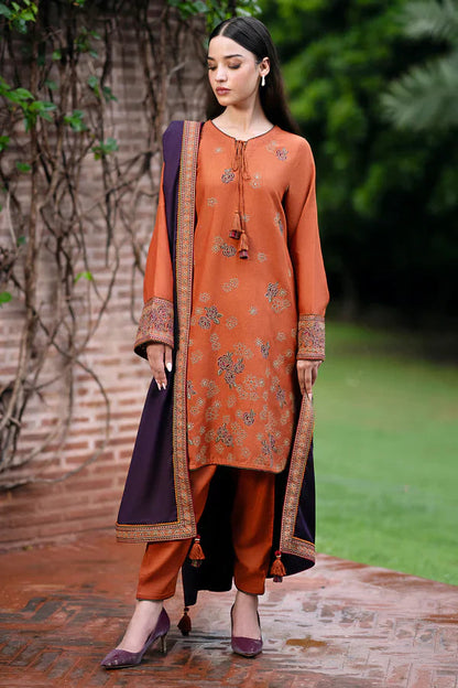 JAZMIN- 3PC DHANAK EMBROIDERED SHIRT WITH WOOL PRINT SHAWL AND TROUSER-BIC-3293