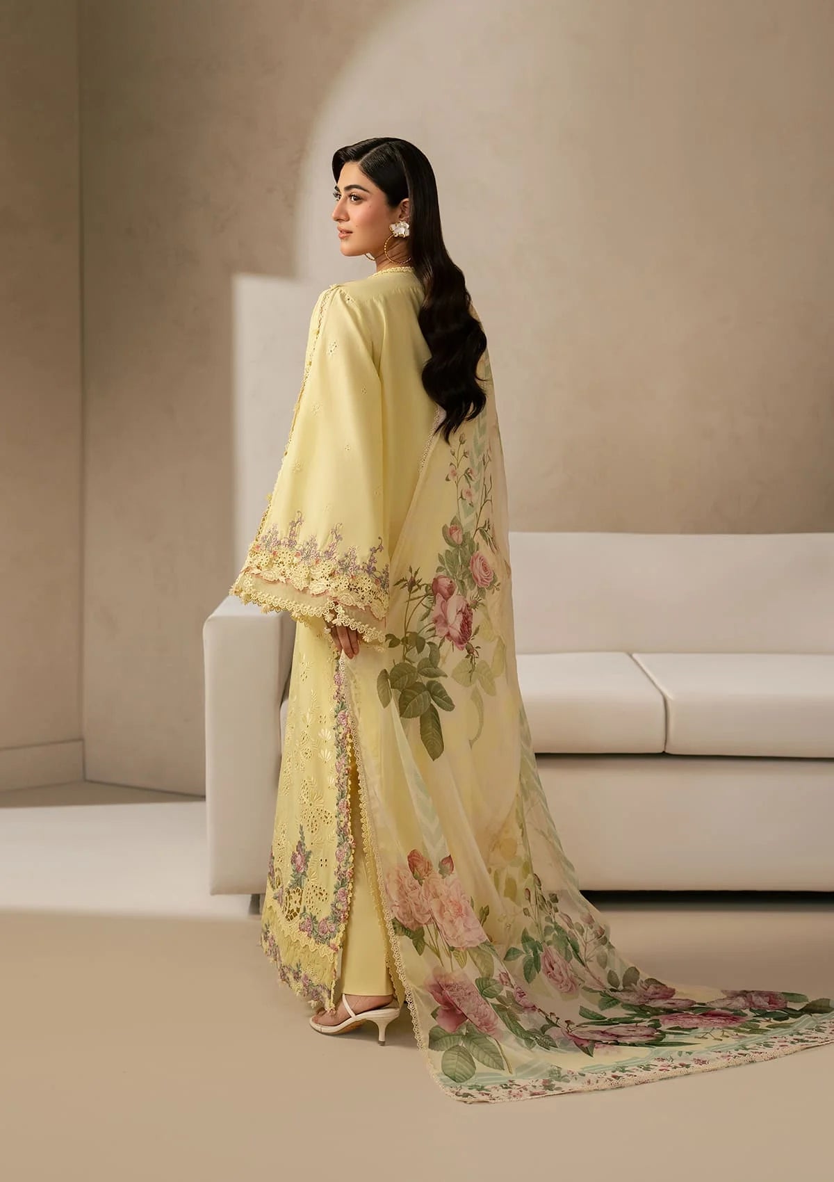 ELAF-3PC DHANAK EMBROIDERED SHIRT WITH COUTRAI PRINTED SHAWL AND TROUSER-BIC-5221