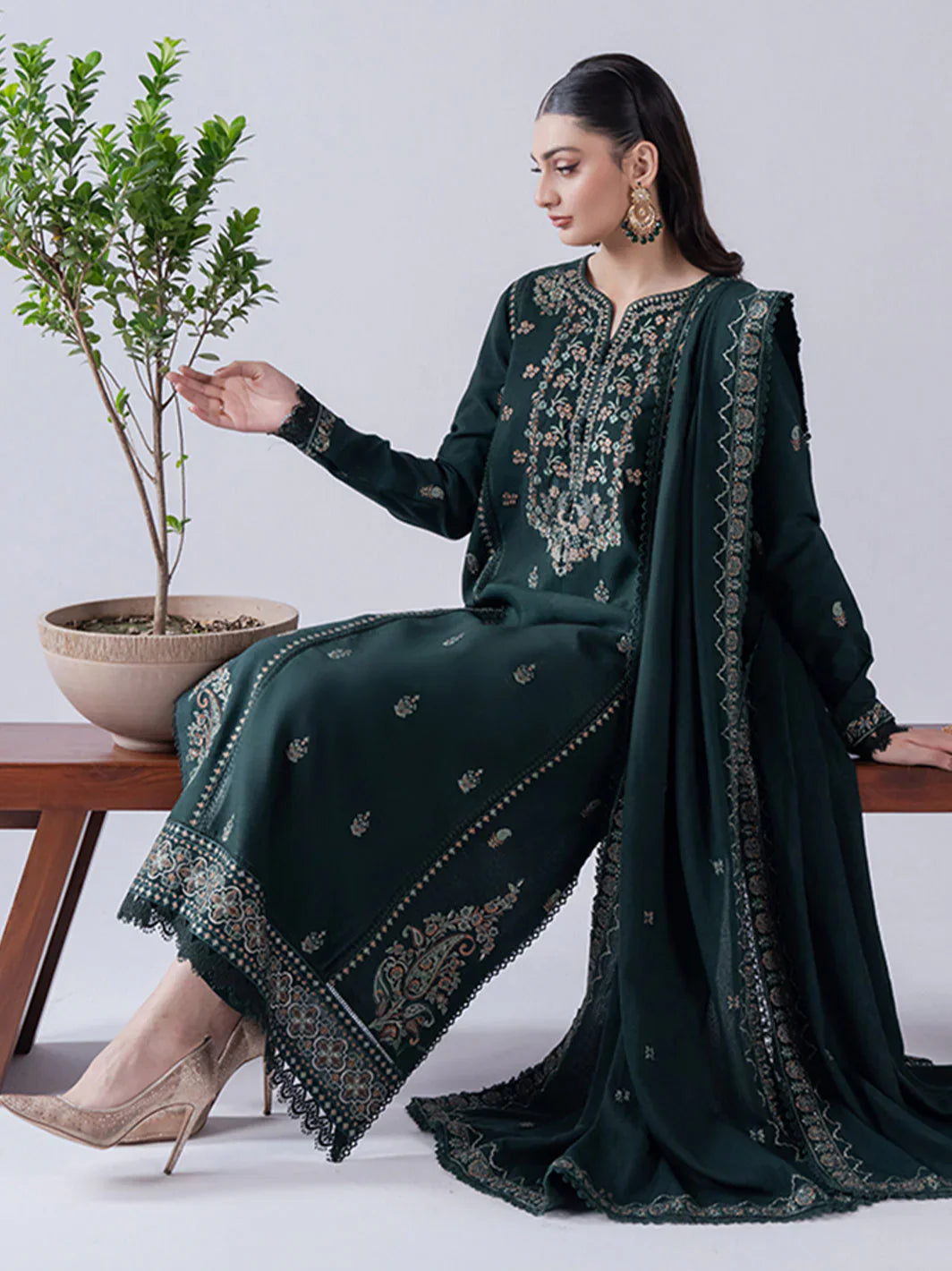 ASIM JOFA-3PC DHANAK EMBROIDERED SHIRT WITH DHANAK EMBROIDERED SHAWL & TROUSER-BIC-