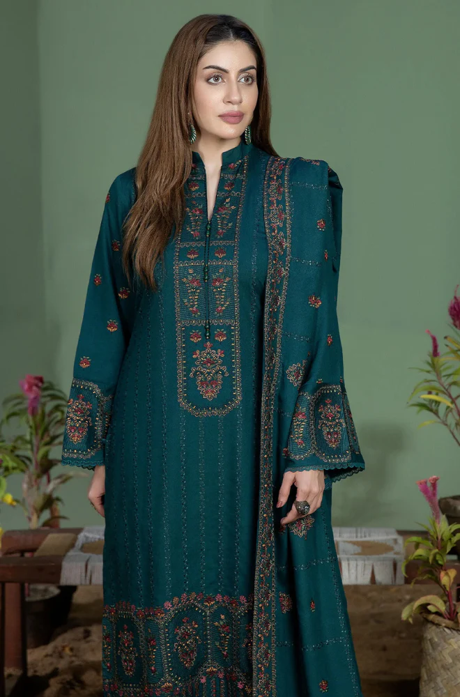 MOHAGNI-3PC KARANDI EMBROIDERED SHIRT WITH KARANDI EMBROIDERED SHAWL AND TROUSER-BIC-4256
